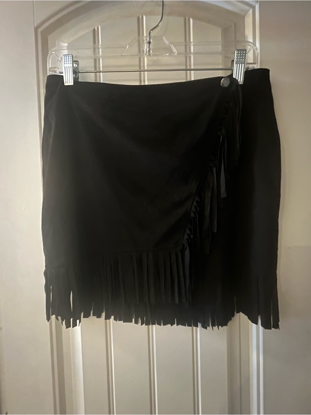 Black Fringe Wrap Mini Skirt, snap closure, size Medium